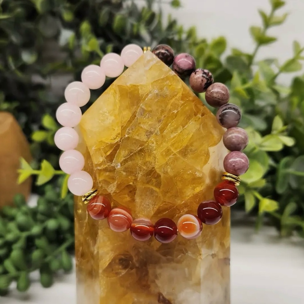 NWT Self Love Rose Quartz + Banded Carnelian + Rhodonite 8mm Bracelet - Picture 2 of 3